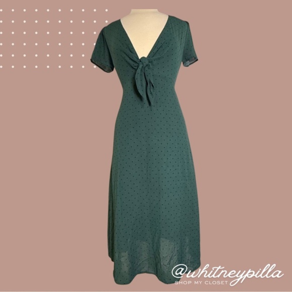 Anna Grace Teal Green Polka Dot Tie-Front Midi Dress